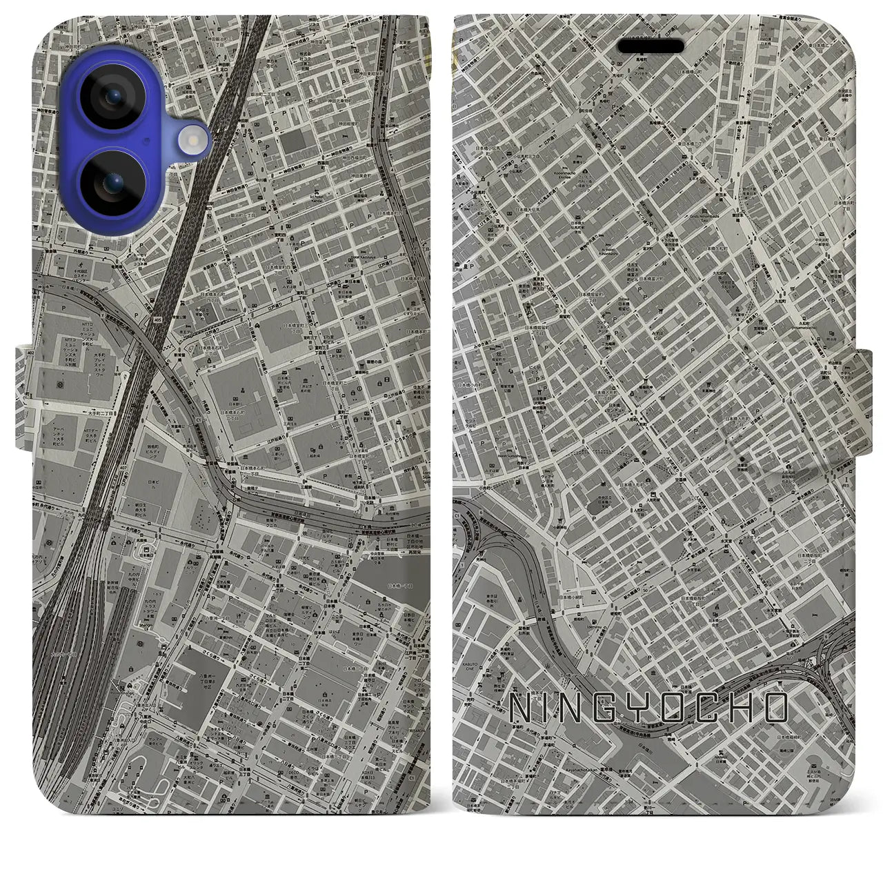 【人形町(東京都)】地図柄iPhoneケース(手帳タイプ)モノトーン・iPhone 16 Pro Max 用
