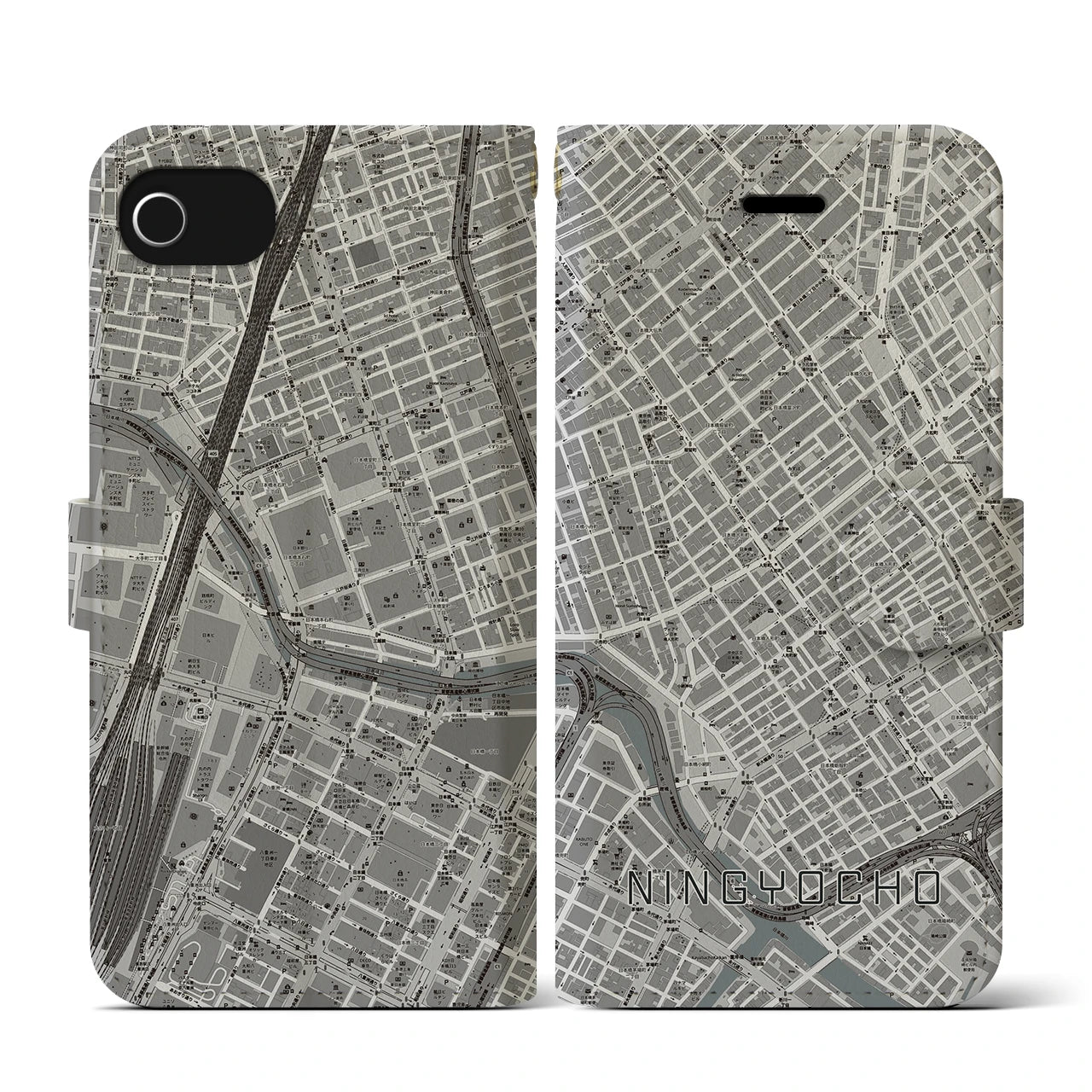 【人形町(東京都)】地図柄iPhoneケース(手帳タイプ)モノトーン・iPhone SE(第3 / 第2世代) / 8 / 7 / 6s / 6 用