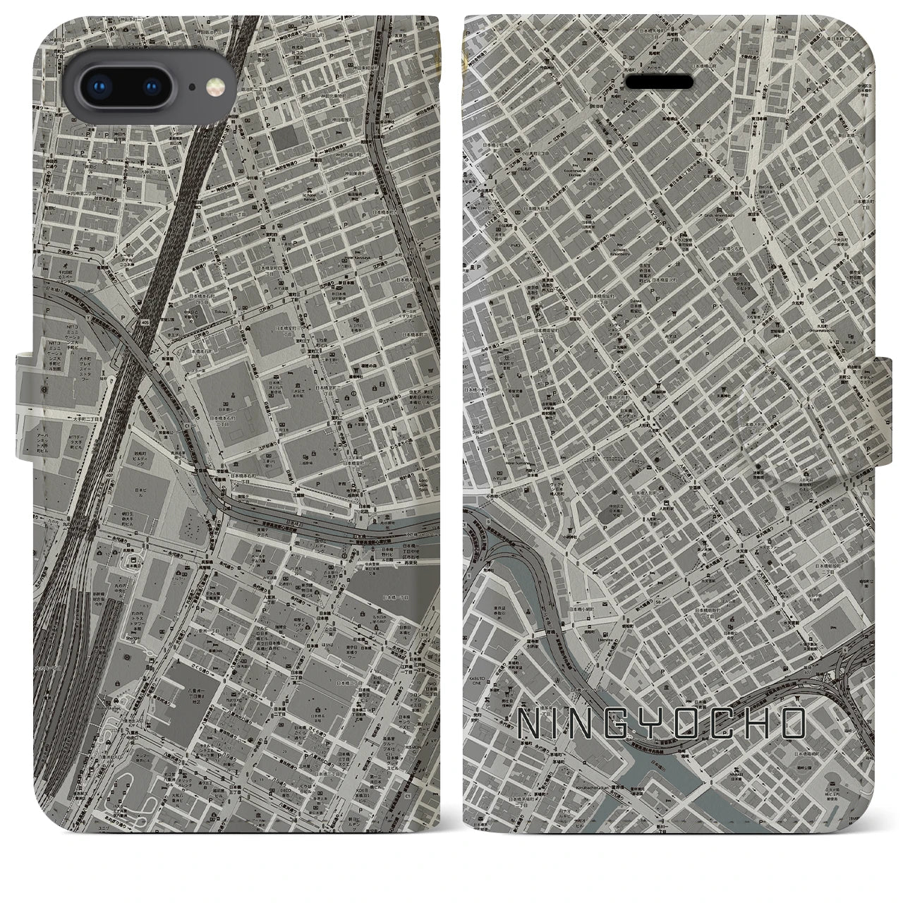 【人形町(東京都)】地図柄iPhoneケース(手帳タイプ)モノトーン・iPhone 8Plus /7Plus / 6sPlus / 6Plus 用