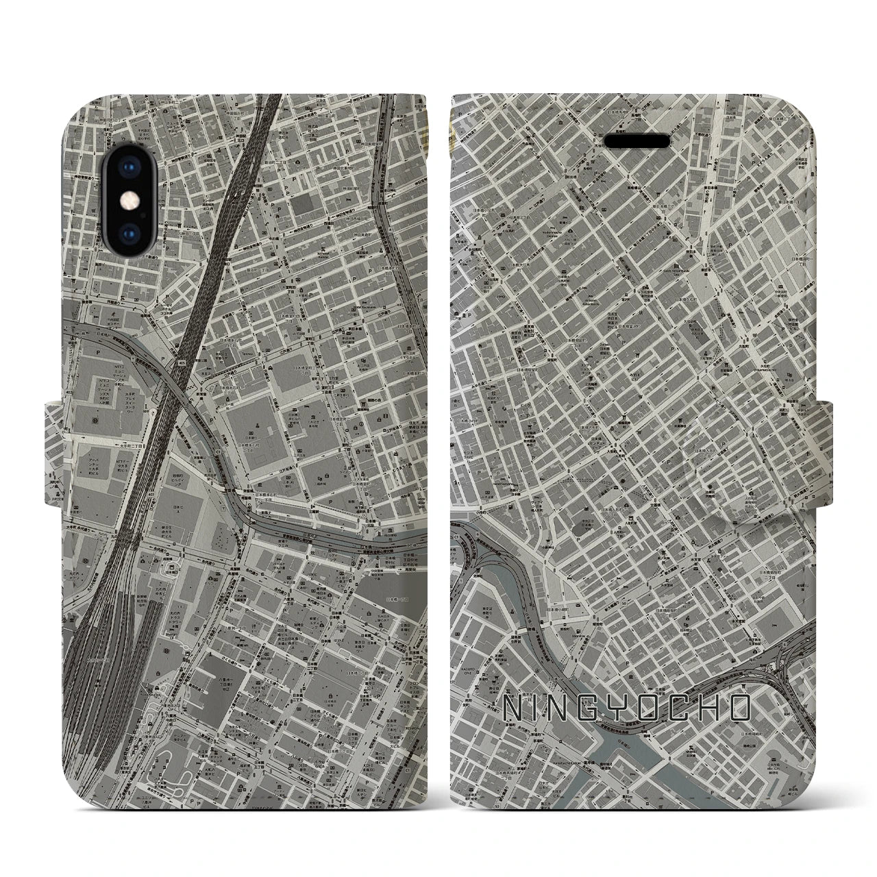 【人形町(東京都)】地図柄iPhoneケース(手帳タイプ)モノトーン・iPhone XS / X 用