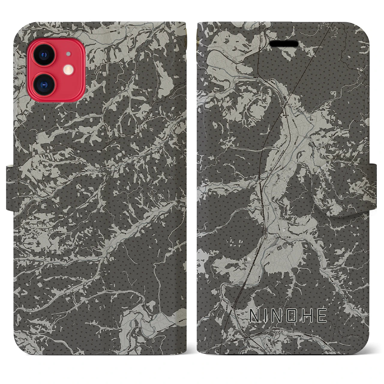 【二戸(岩手県)】地図柄iPhoneケース(手帳タイプ)モノトーン・iPhone 11 用
