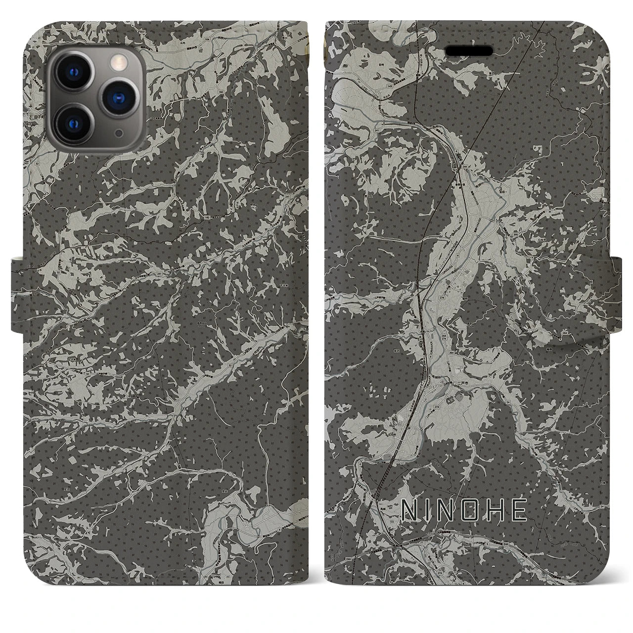 【二戸(岩手県)】地図柄iPhoneケース(手帳タイプ)モノトーン・iPhone 11 Pro Max 用