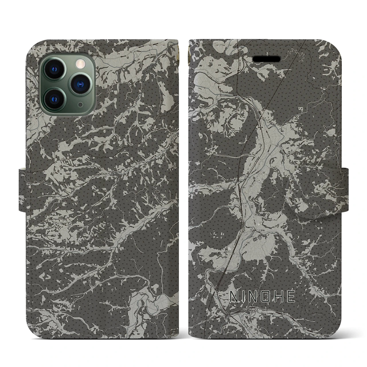 【二戸(岩手県)】地図柄iPhoneケース(手帳タイプ)モノトーン・iPhone 11 Pro 用