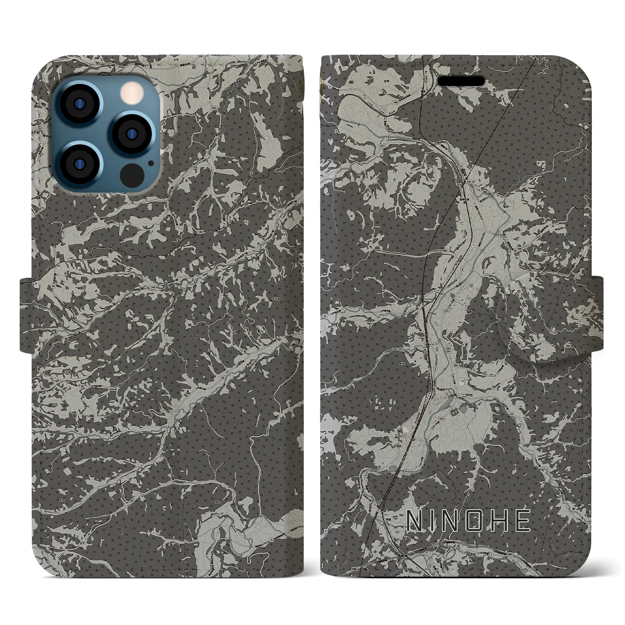 【二戸(岩手県)】地図柄iPhoneケース(手帳タイプ)モノトーン・iPhone 12 / 12 Pro 用