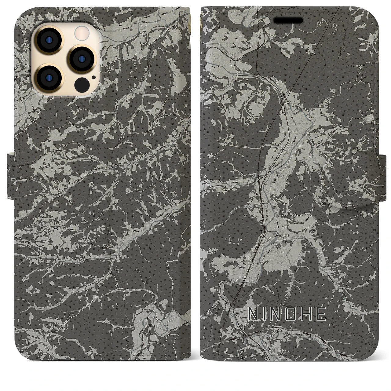 【二戸(岩手県)】地図柄iPhoneケース(手帳タイプ)モノトーン・iPhone 12 Pro Max 用