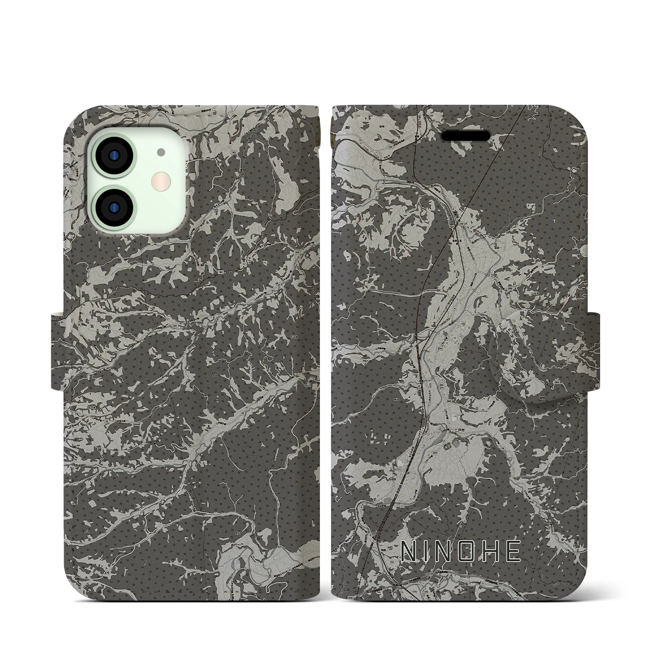 【二戸(岩手県)】地図柄iPhoneケース(手帳タイプ)モノトーン・iPhone 12 mini 用
