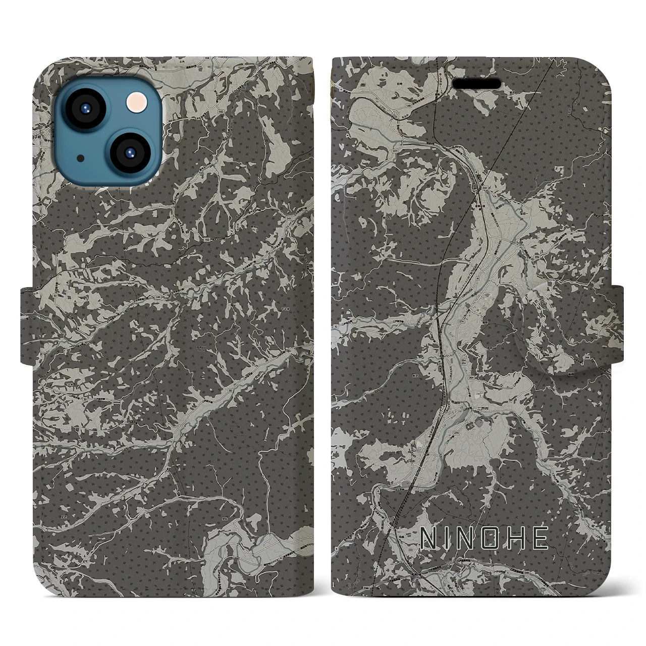 【二戸(岩手県)】地図柄iPhoneケース(手帳タイプ)モノトーン・iPhone 13 用