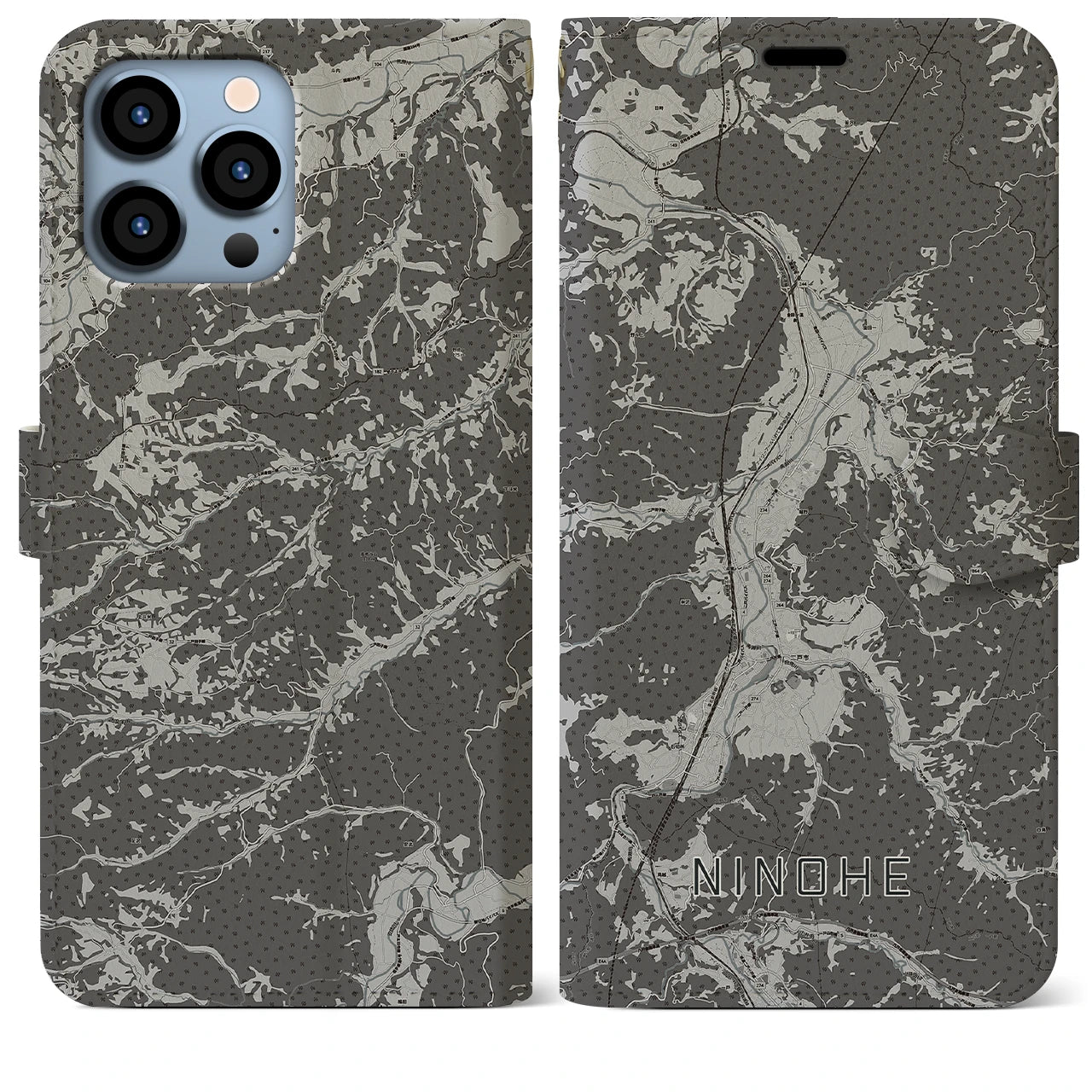 【二戸(岩手県)】地図柄iPhoneケース(手帳タイプ)モノトーン・iPhone 13 Pro Max 用