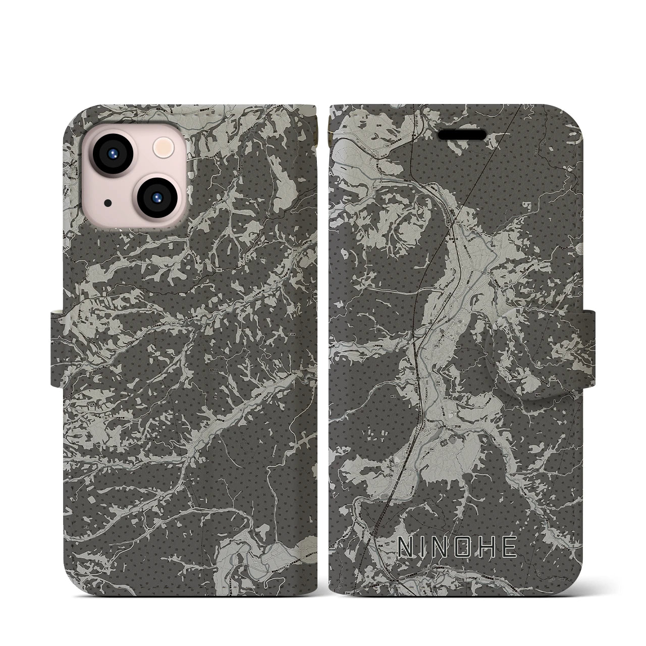 【二戸(岩手県)】地図柄iPhoneケース(手帳タイプ)モノトーン・iPhone 13 mini 用