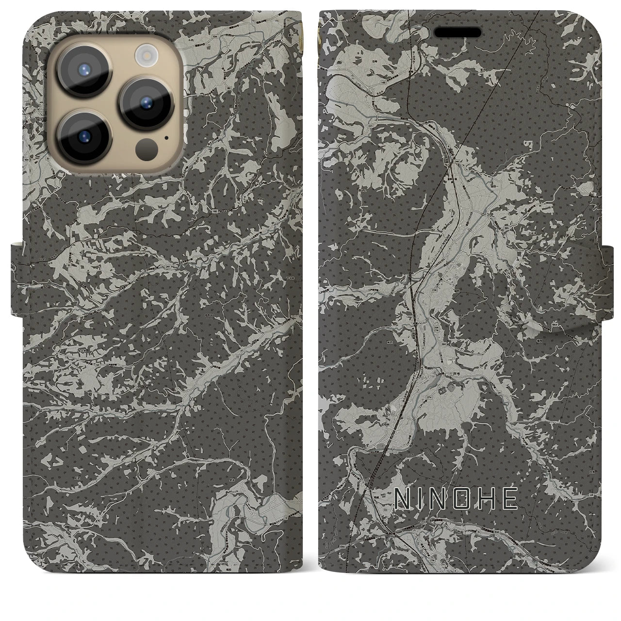 【二戸(岩手県)】地図柄iPhoneケース(手帳タイプ)モノトーン・iPhone 14 Pro Max 用