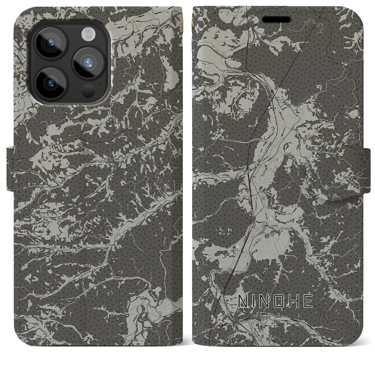 【二戸(岩手県)】地図柄iPhoneケース(手帳タイプ)モノトーン・iPhone 15 Pro Max 用