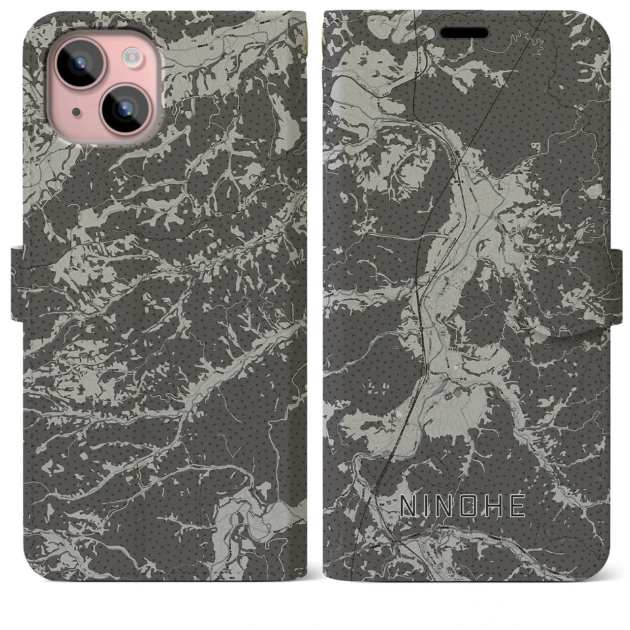【二戸(岩手県)】地図柄iPhoneケース(手帳タイプ)モノトーン・iPhone 15 Plus 用