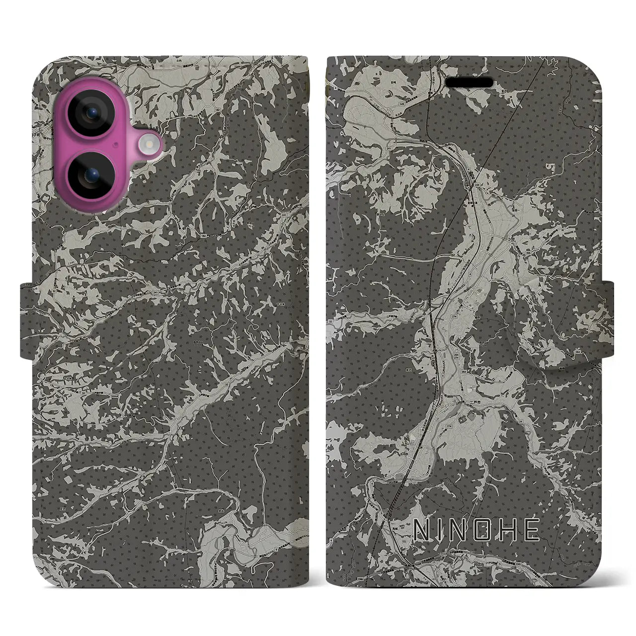 【二戸(岩手県)】地図柄iPhoneケース(手帳タイプ)モノトーン・iPhone 16 Pro 用