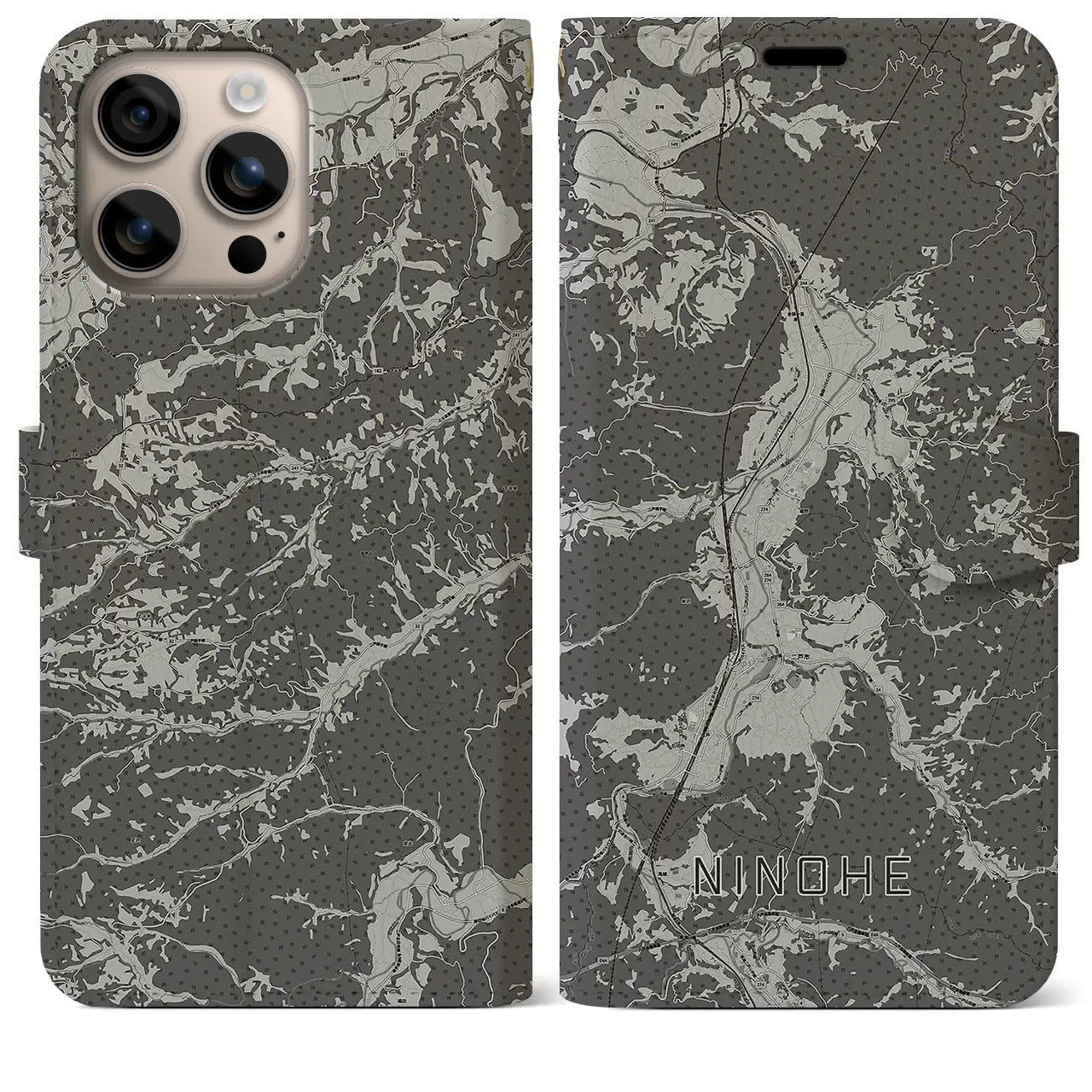 【二戸(岩手県)】地図柄iPhoneケース(手帳タイプ)モノトーン・iPhone 16 Plus 用