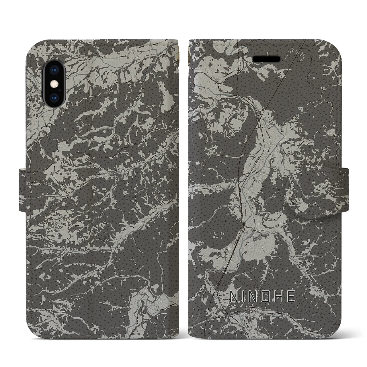 【二戸(岩手県)】地図柄iPhoneケース(手帳タイプ)モノトーン・iPhone XS / X 用