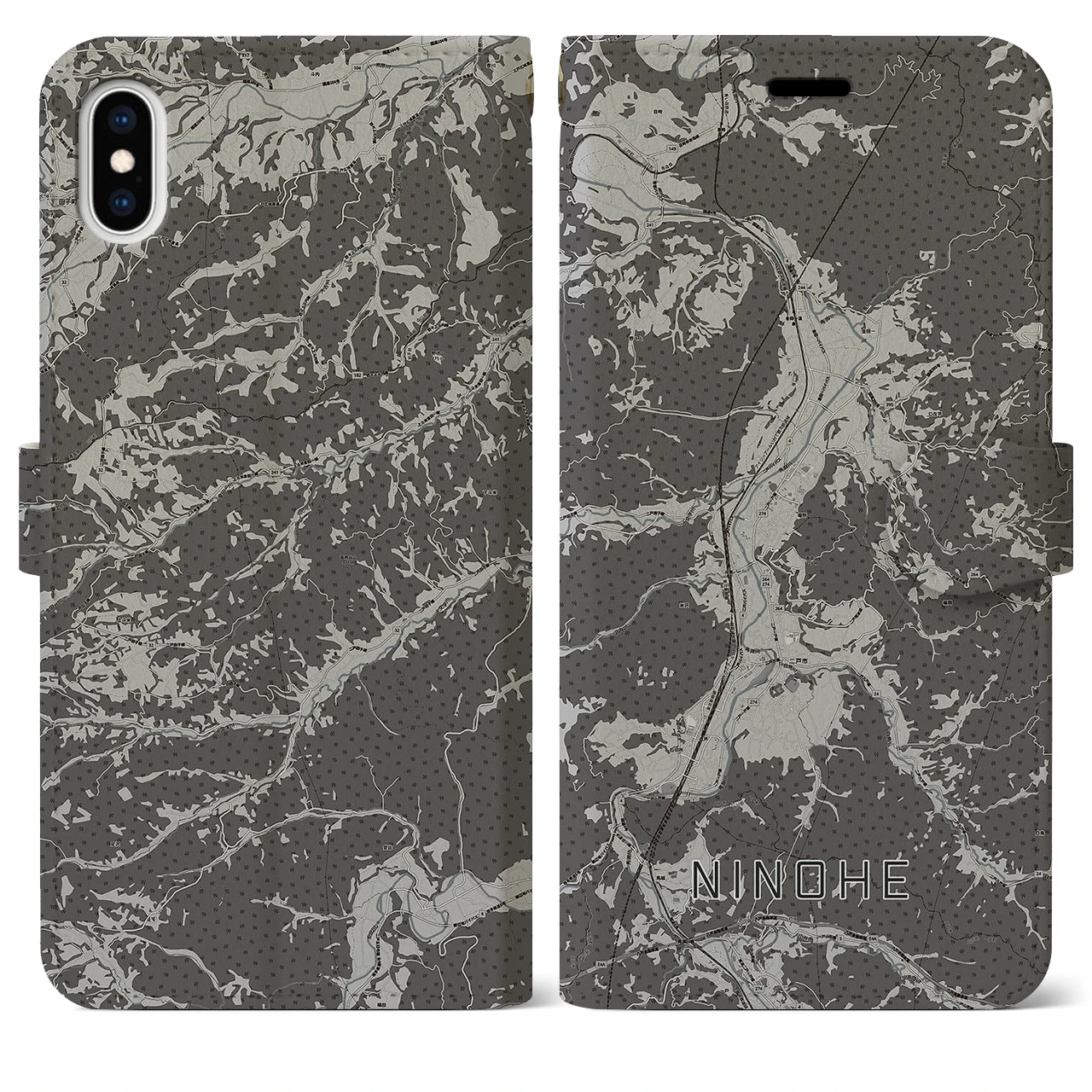 【二戸(岩手県)】地図柄iPhoneケース(手帳タイプ)モノトーン・iPhone XS Max 用