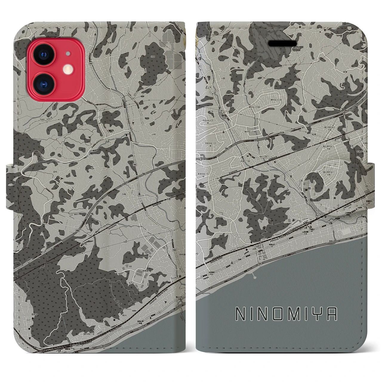 【二宮(神奈川県)】地図柄iPhoneケース(手帳タイプ)モノトーン・iPhone 11 用