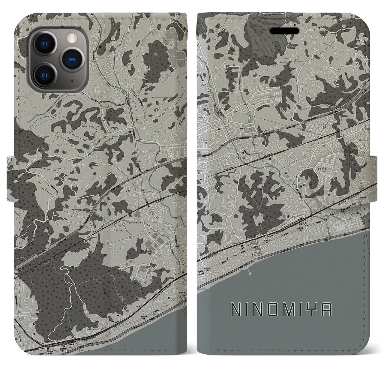 【二宮(神奈川県)】地図柄iPhoneケース(手帳タイプ)モノトーン・iPhone 11 Pro Max 用