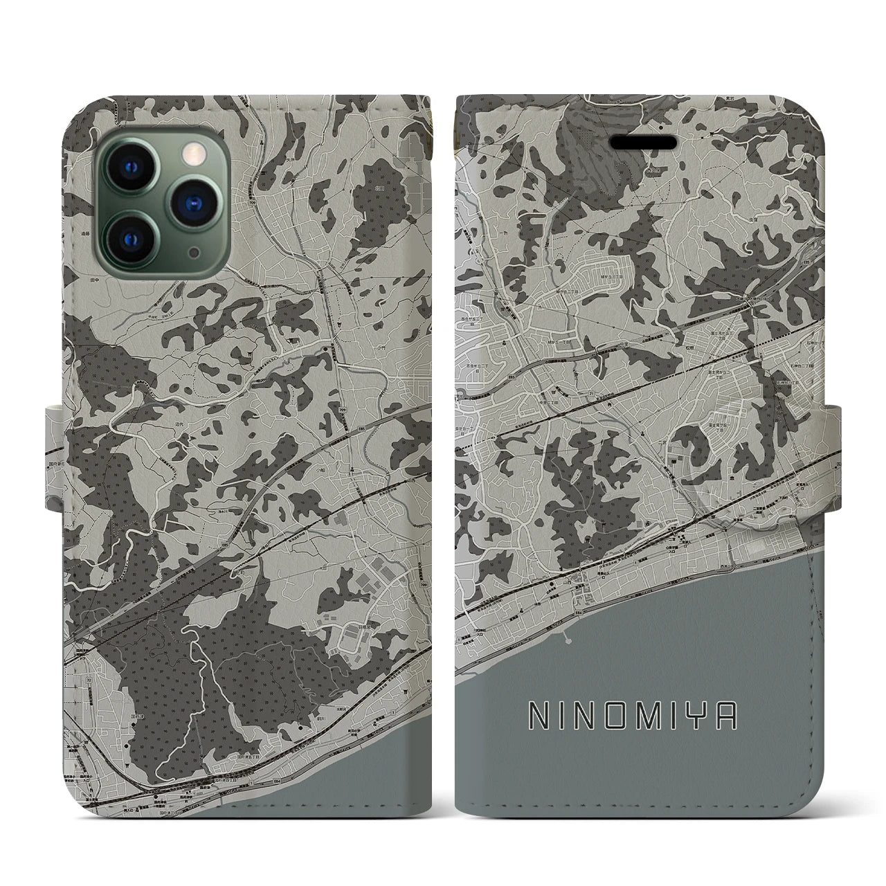 【二宮(神奈川県)】地図柄iPhoneケース(手帳タイプ)モノトーン・iPhone 11 Pro 用