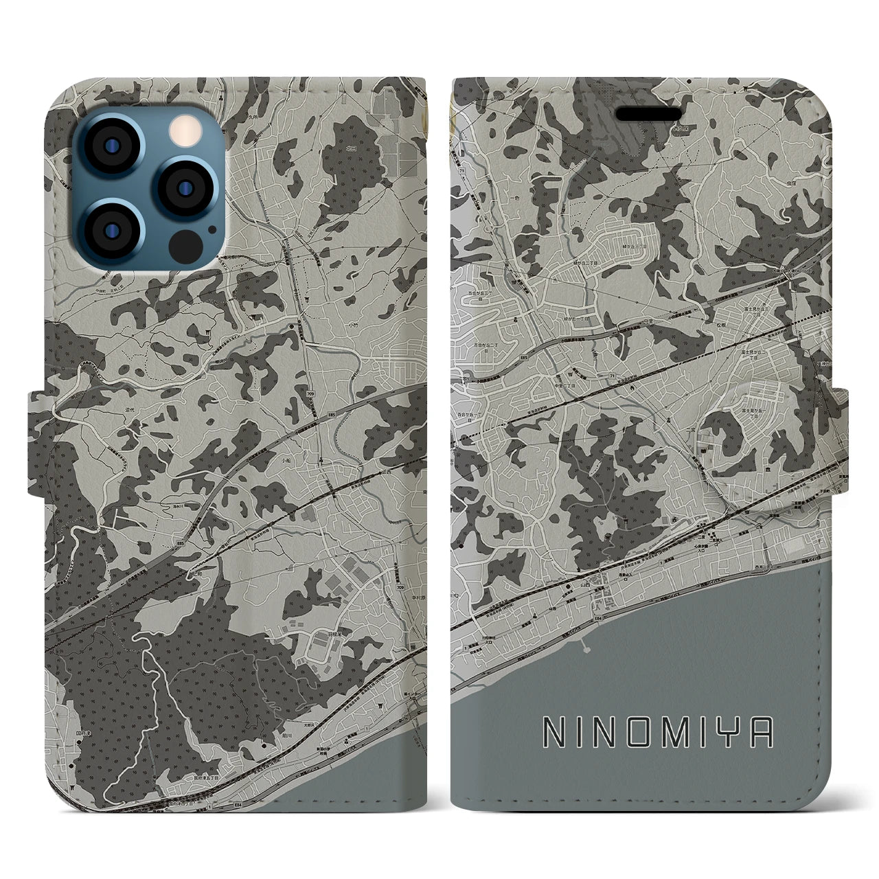 【二宮(神奈川県)】地図柄iPhoneケース(手帳タイプ)モノトーン・iPhone 12 / 12 Pro 用