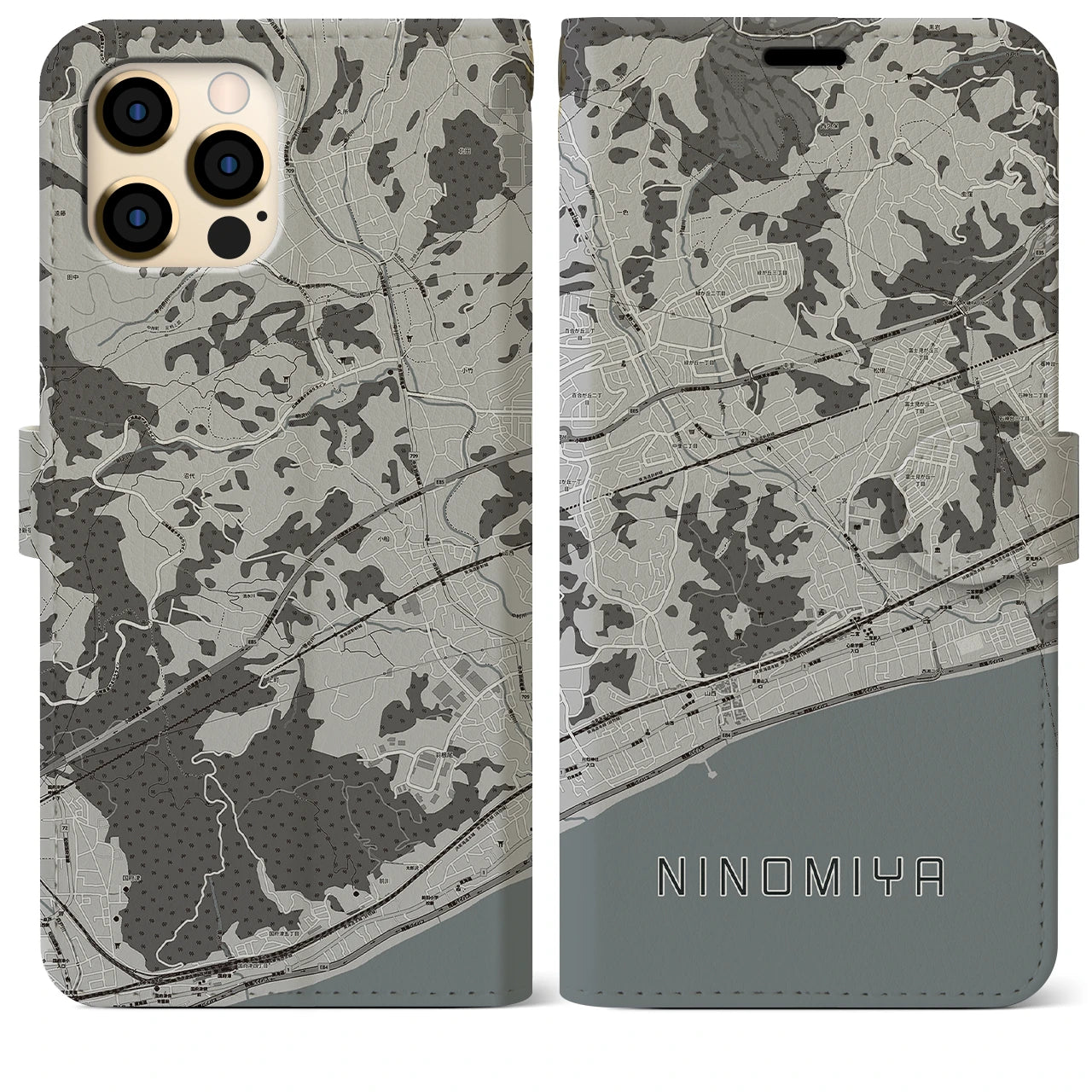 【二宮(神奈川県)】地図柄iPhoneケース(手帳タイプ)モノトーン・iPhone 12 Pro Max 用