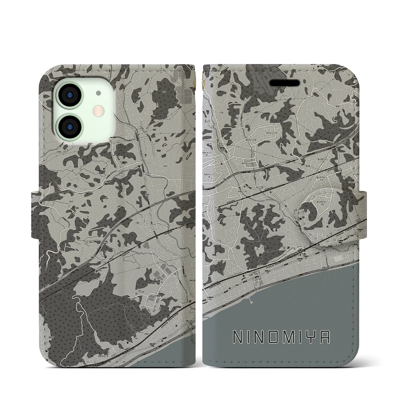 【二宮(神奈川県)】地図柄iPhoneケース(手帳タイプ)モノトーン・iPhone 12 mini 用