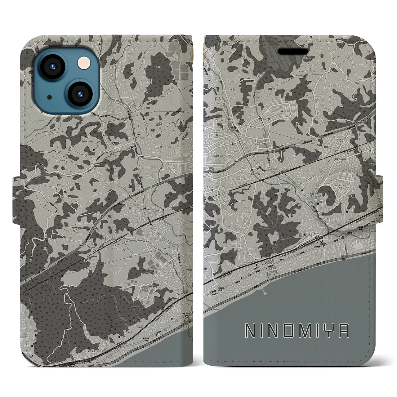 【二宮(神奈川県)】地図柄iPhoneケース(手帳タイプ)モノトーン・iPhone 13 用