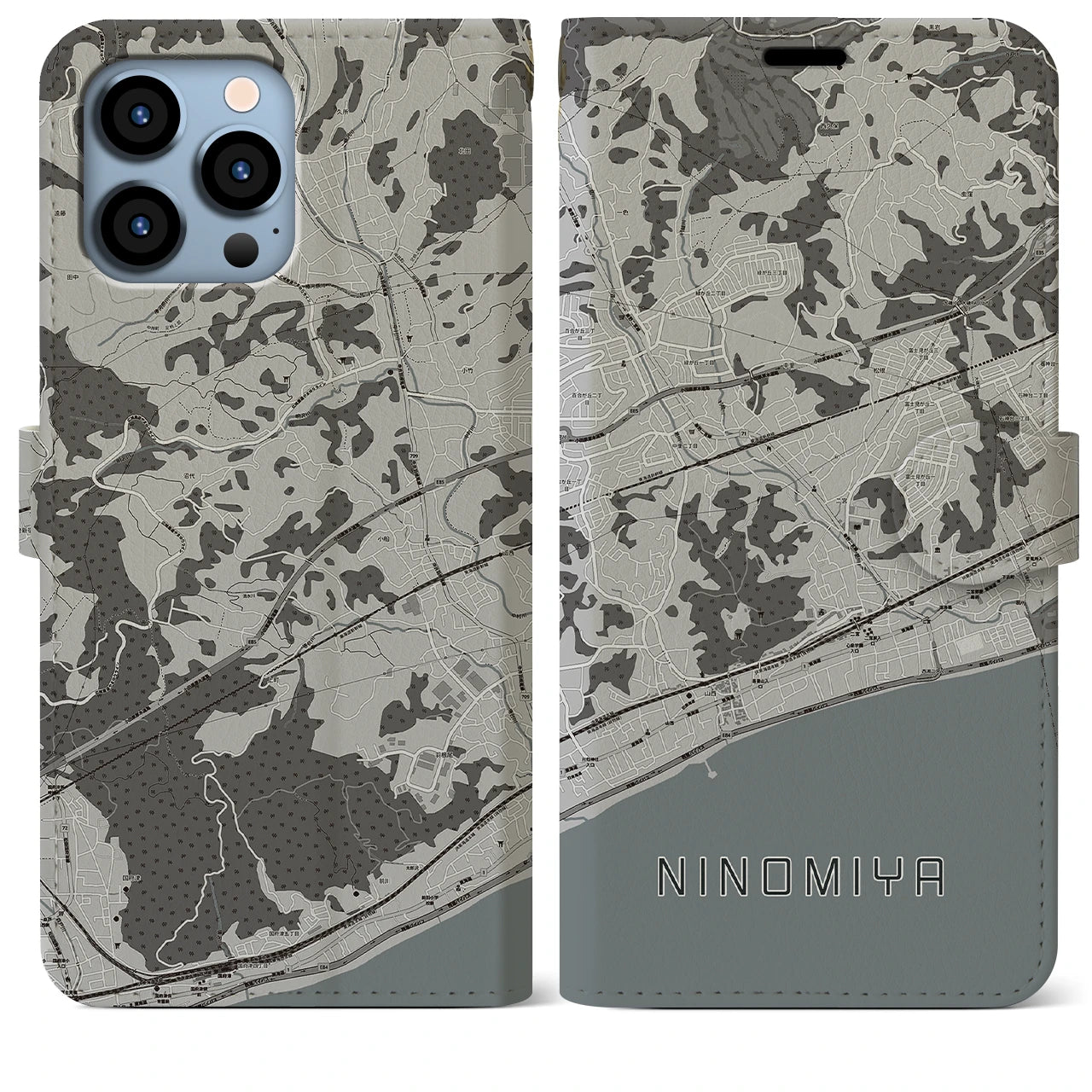 【二宮(神奈川県)】地図柄iPhoneケース(手帳タイプ)モノトーン・iPhone 13 Pro Max 用