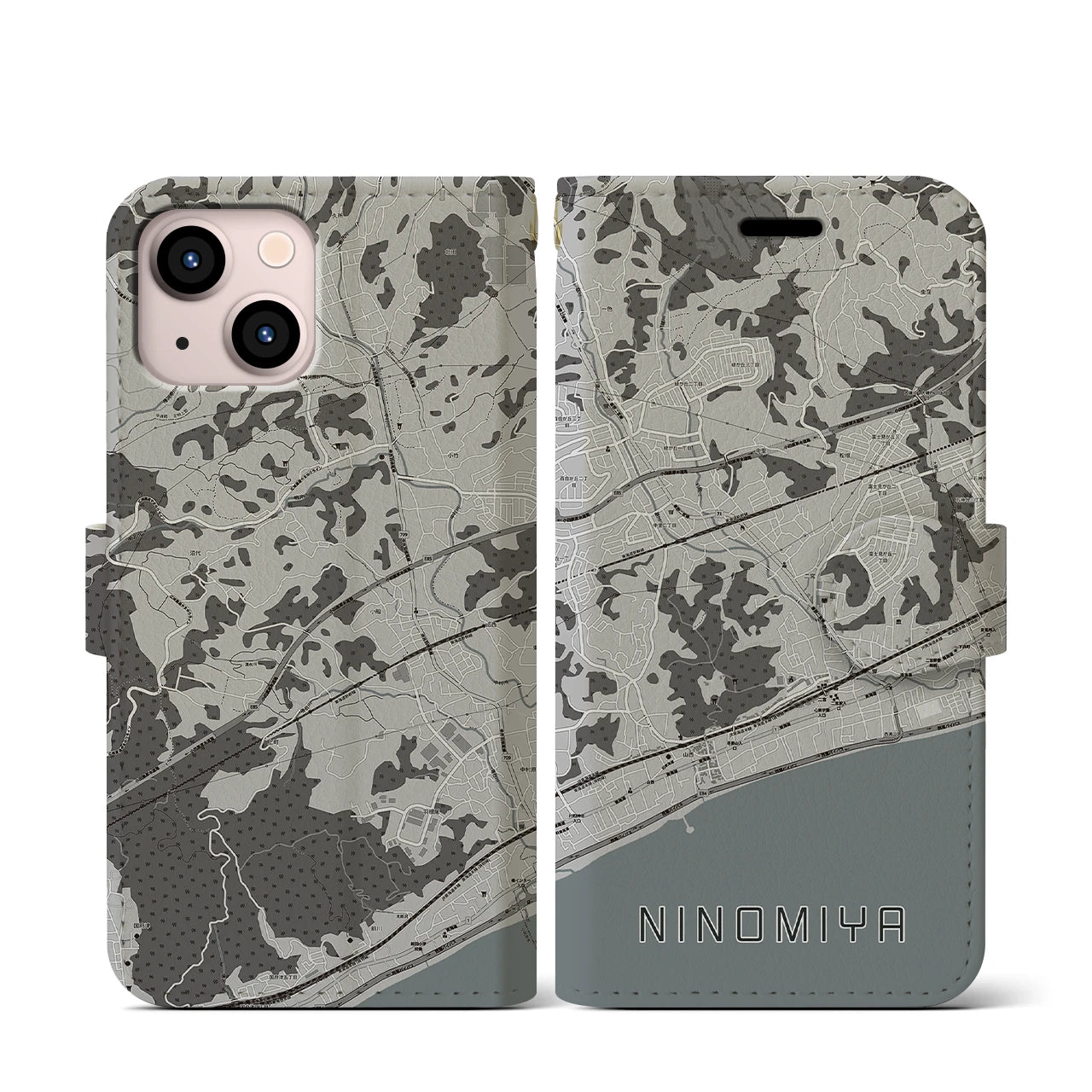 【二宮(神奈川県)】地図柄iPhoneケース(手帳タイプ)モノトーン・iPhone 13 mini 用