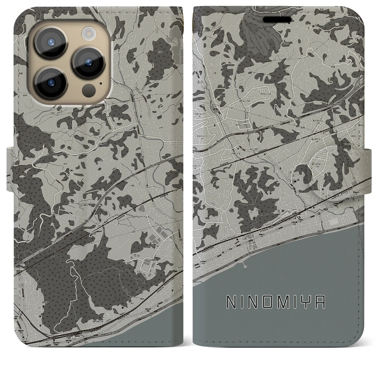 【二宮(神奈川県)】地図柄iPhoneケース(手帳タイプ)モノトーン・iPhone 14 Pro Max 用