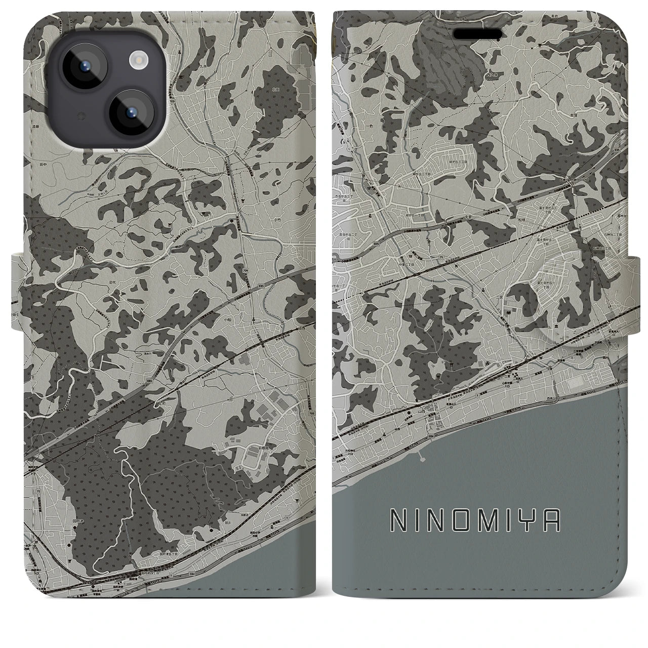 【二宮(神奈川県)】地図柄iPhoneケース(手帳タイプ)モノトーン・iPhone 14 Plus 用