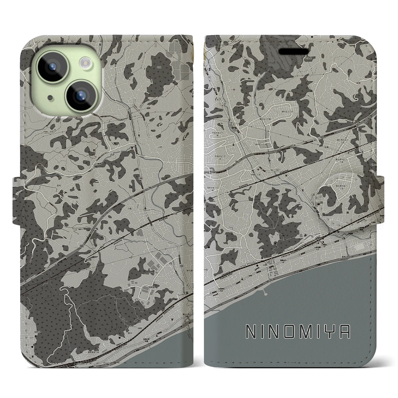 【二宮(神奈川県)】地図柄iPhoneケース(手帳タイプ)モノトーン・iPhone 15 用