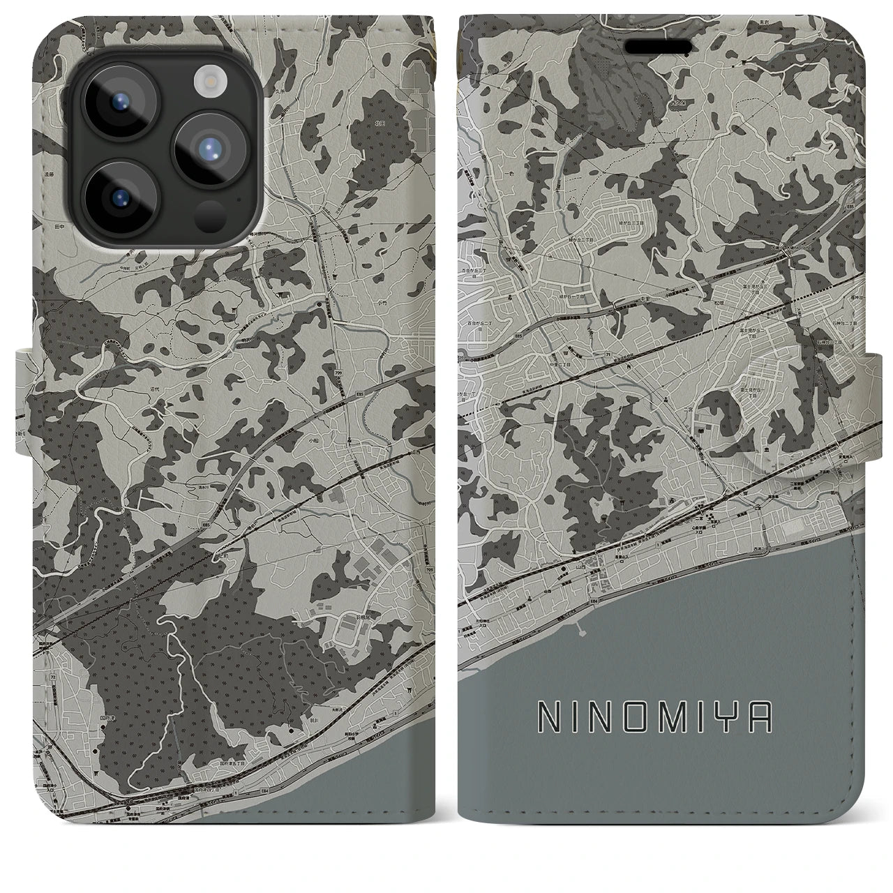 【二宮(神奈川県)】地図柄iPhoneケース(手帳タイプ)モノトーン・iPhone 15 Pro Max 用