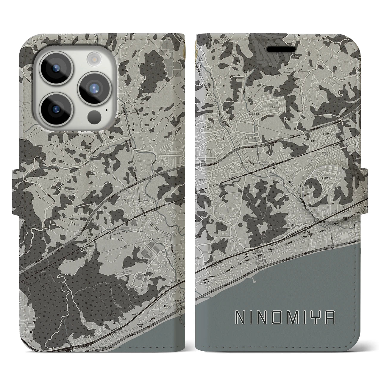 【二宮(神奈川県)】地図柄iPhoneケース(手帳タイプ)モノトーン・iPhone 15 Pro 用