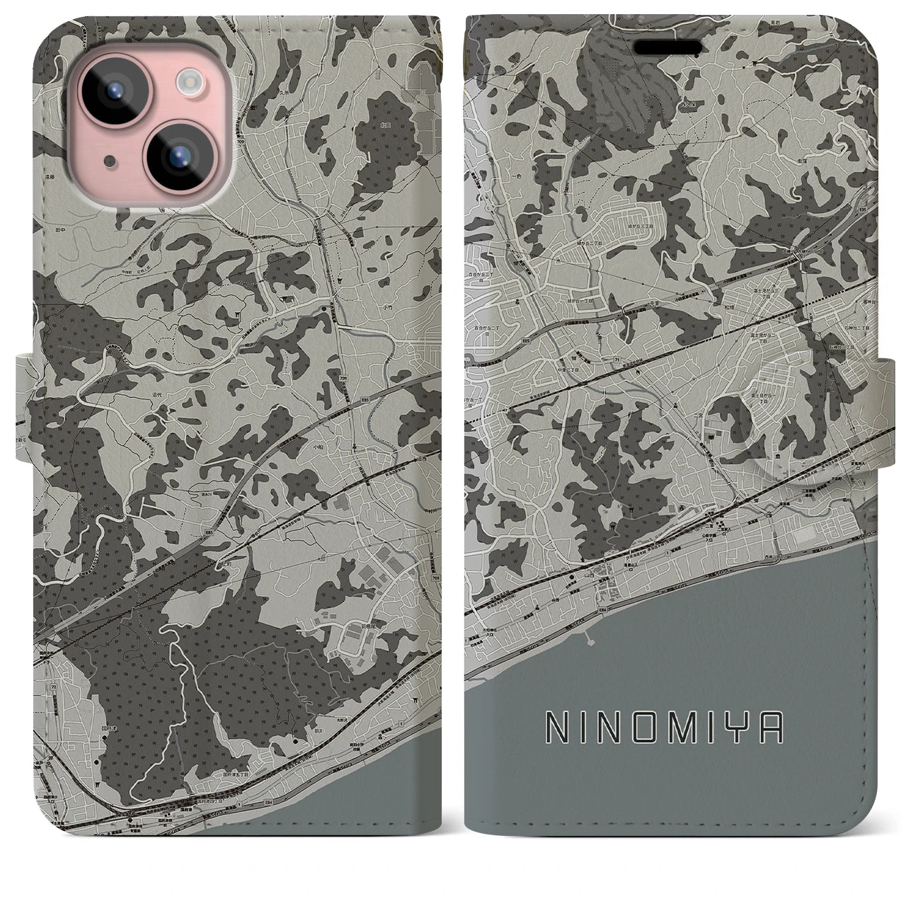 【二宮(神奈川県)】地図柄iPhoneケース(手帳タイプ)モノトーン・iPhone 15 Plus 用