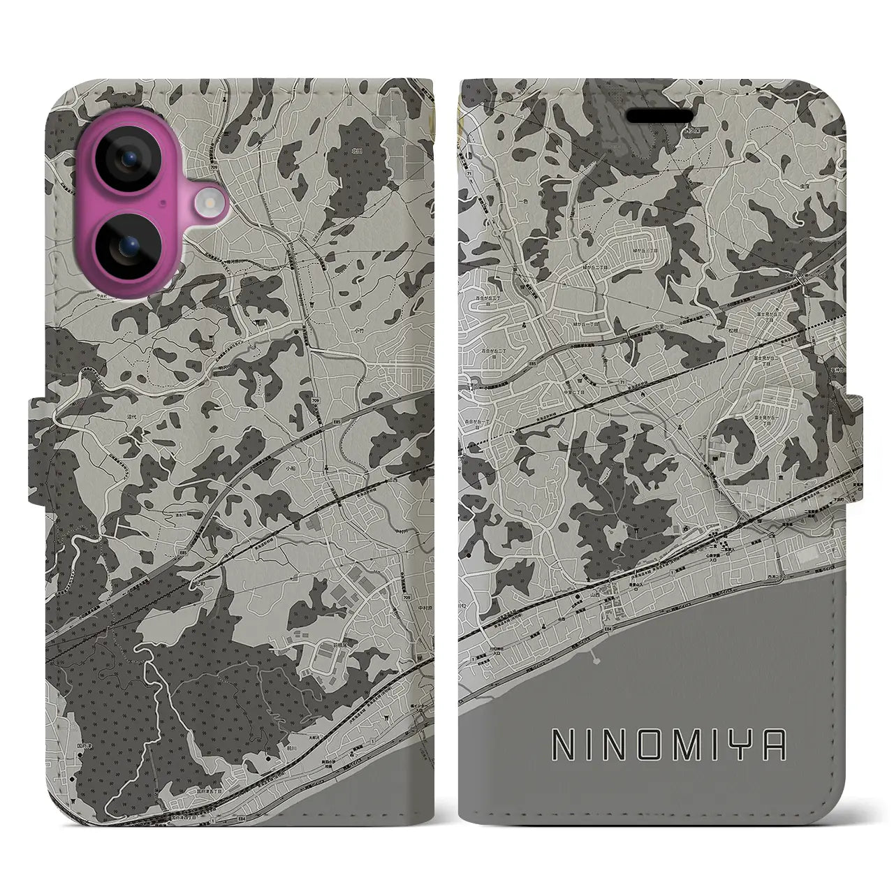 【二宮(神奈川県)】地図柄iPhoneケース(手帳タイプ)モノトーン・iPhone 16 Pro 用