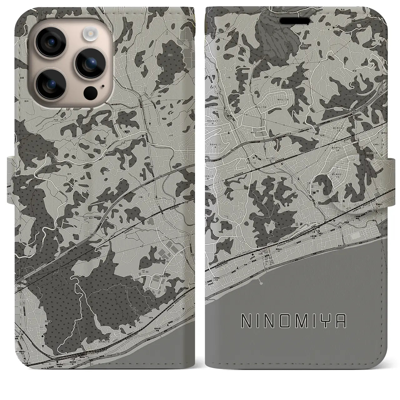 【二宮(神奈川県)】地図柄iPhoneケース(手帳タイプ)モノトーン・iPhone 16 Plus 用