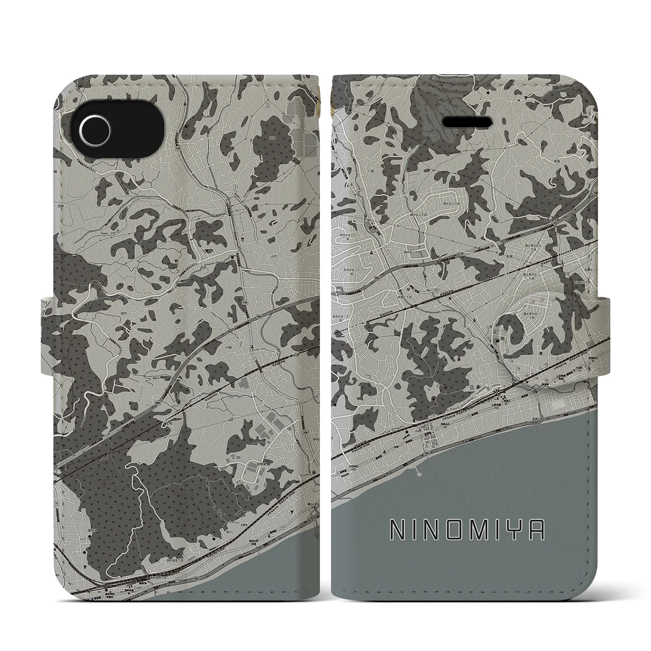 【二宮(神奈川県)】地図柄iPhoneケース(手帳タイプ)モノトーン・iPhone SE(第3 / 第2世代) / 8 / 7 / 6s / 6 用