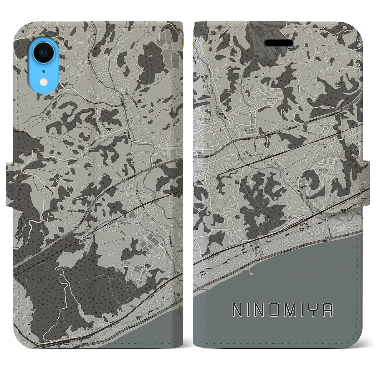 【二宮(神奈川県)】地図柄iPhoneケース(手帳タイプ)モノトーン・iPhone XR 用