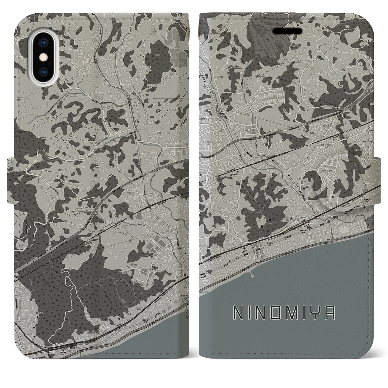 【二宮(神奈川県)】地図柄iPhoneケース(手帳タイプ)モノトーン・iPhone XS Max 用