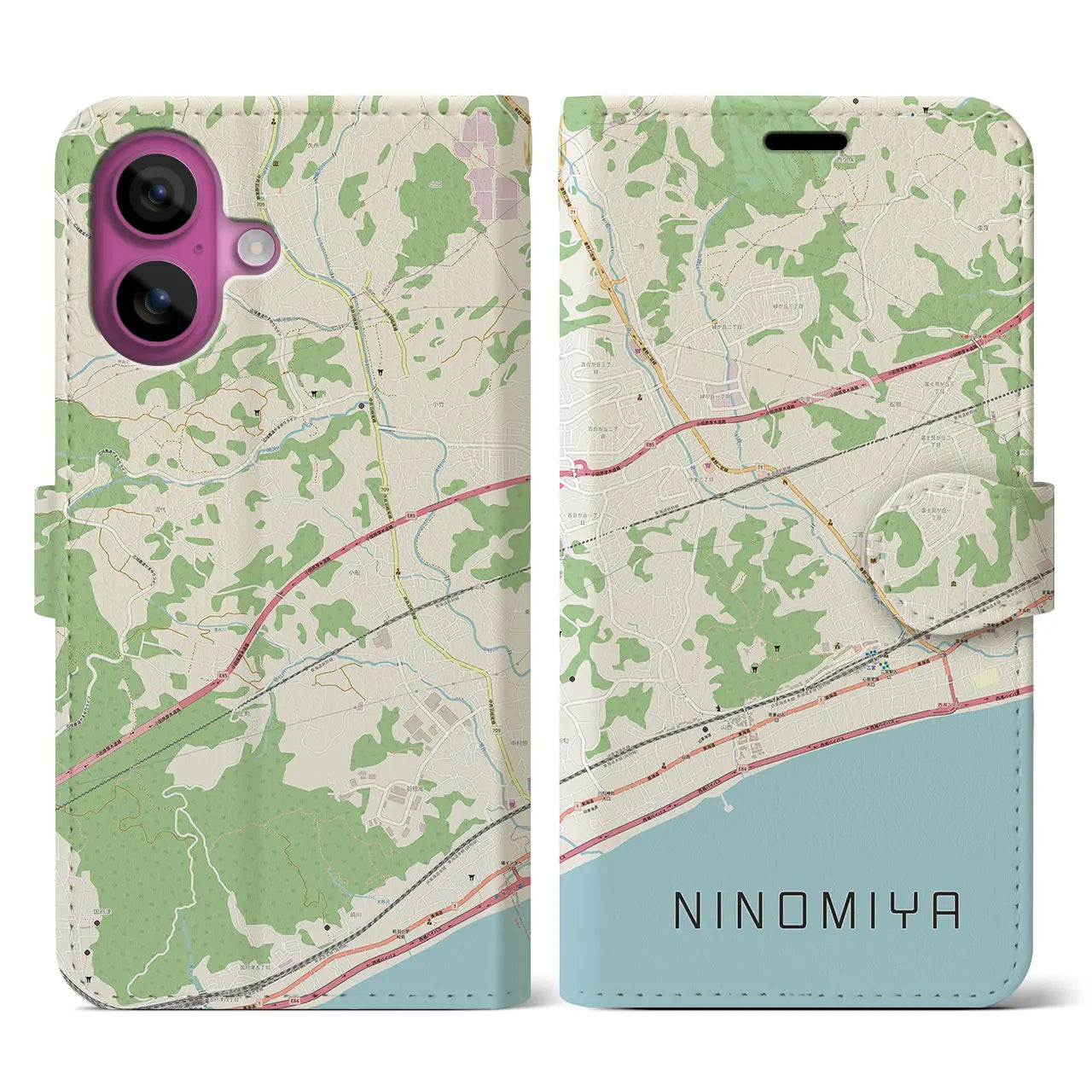 【二宮(神奈川県)】地図柄iPhoneケース(手帳タイプ)ナチュラル・iPhone 16 Pro 用