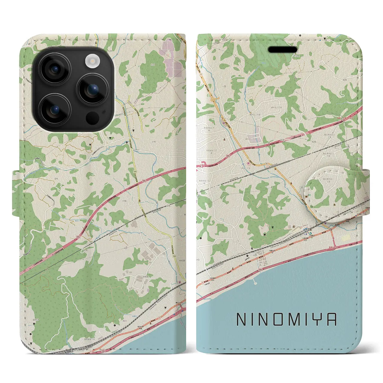 【二宮(神奈川県)】地図柄iPhoneケース(手帳タイプ)ナチュラル・iPhone 16 用