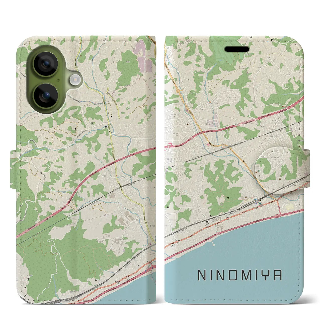【二宮(神奈川県)】地図柄iPhoneケース(手帳タイプ)モノトーン・iPhone 17 Pro Max 用