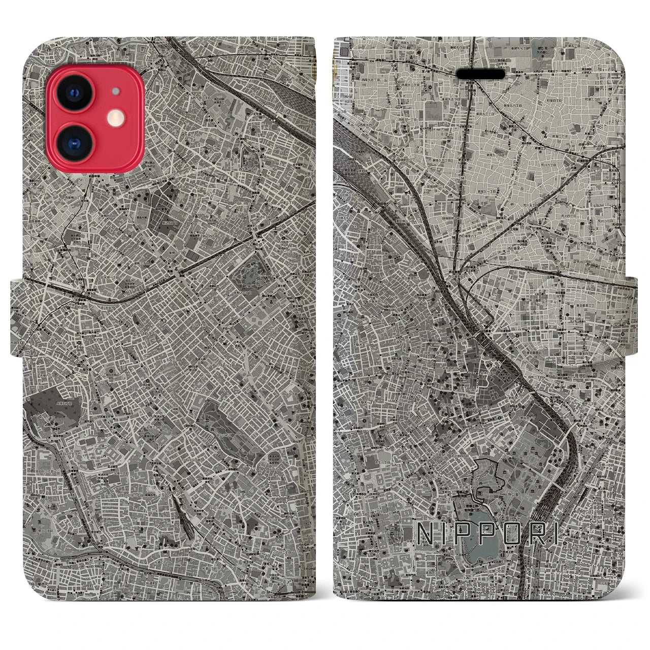 【日暮里(東京都)】地図柄iPhoneケース(手帳タイプ)モノトーン・iPhone 11 用