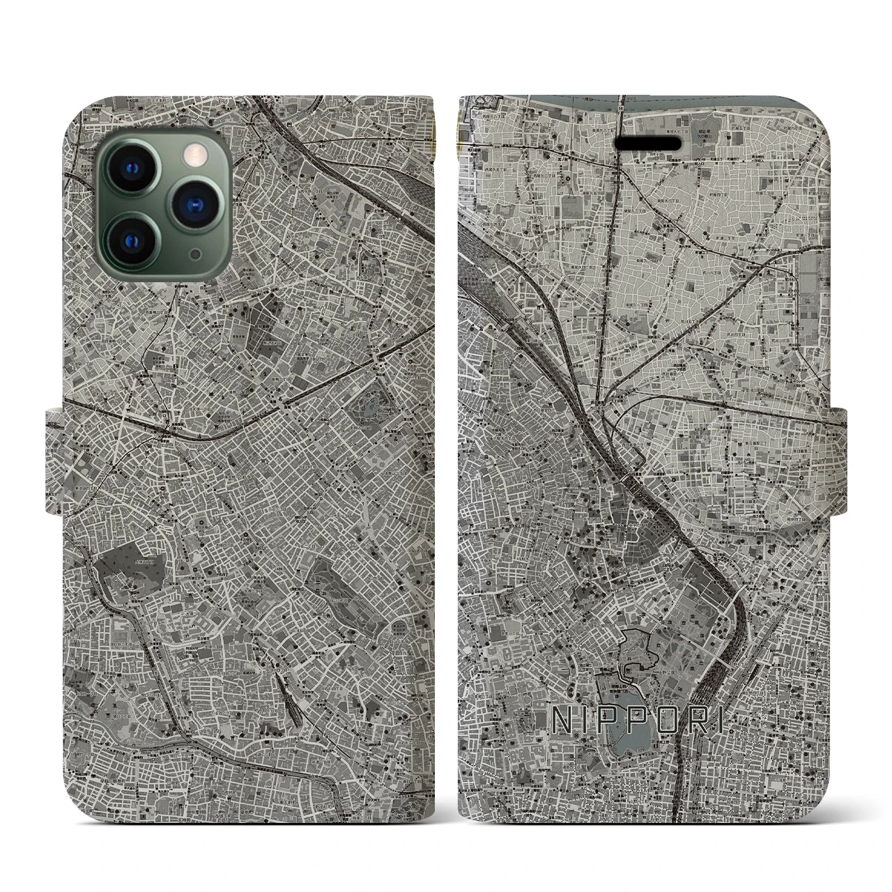 【日暮里(東京都)】地図柄iPhoneケース(手帳タイプ)モノトーン・iPhone 11 Pro 用