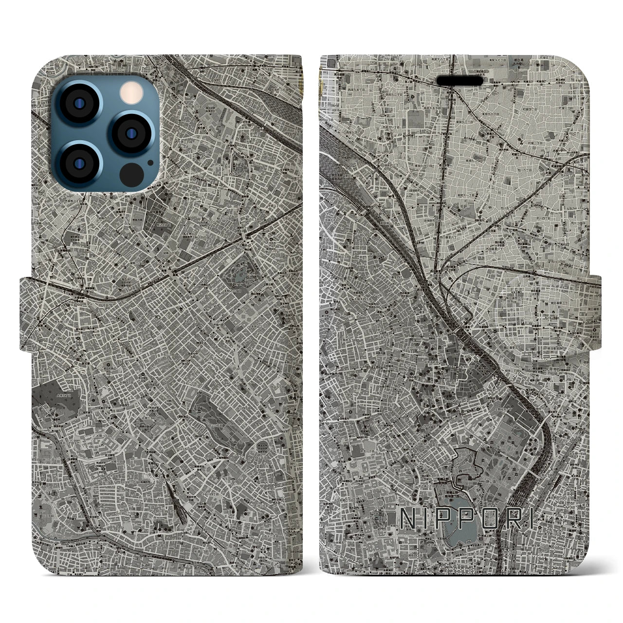 【日暮里(東京都)】地図柄iPhoneケース(手帳タイプ)モノトーン・iPhone 12 / 12 Pro 用