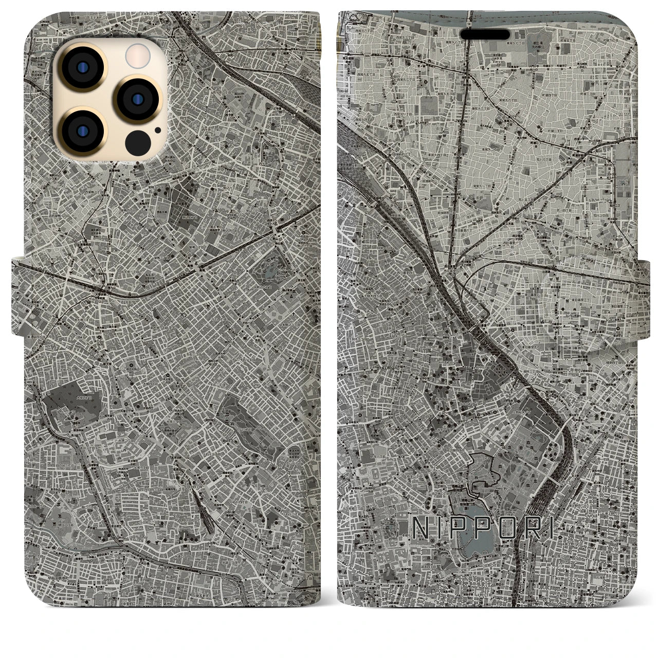 【日暮里(東京都)】地図柄iPhoneケース(手帳タイプ)モノトーン・iPhone 12 Pro Max 用