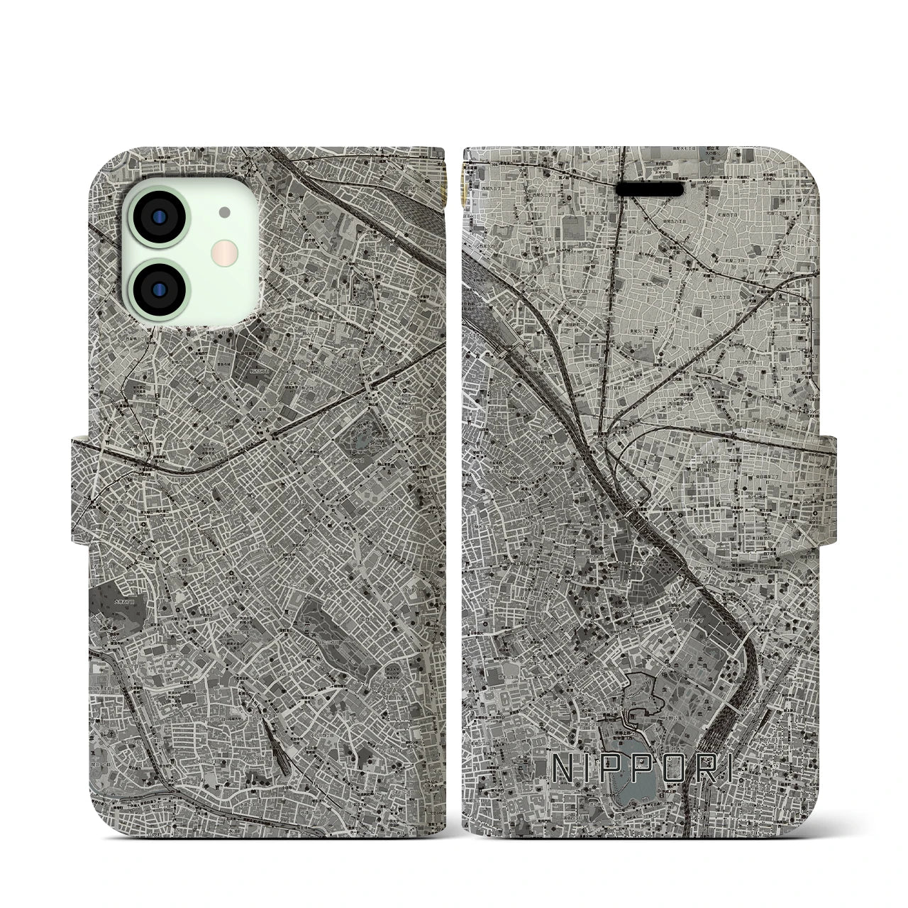 【日暮里(東京都)】地図柄iPhoneケース(手帳タイプ)モノトーン・iPhone 12 mini 用