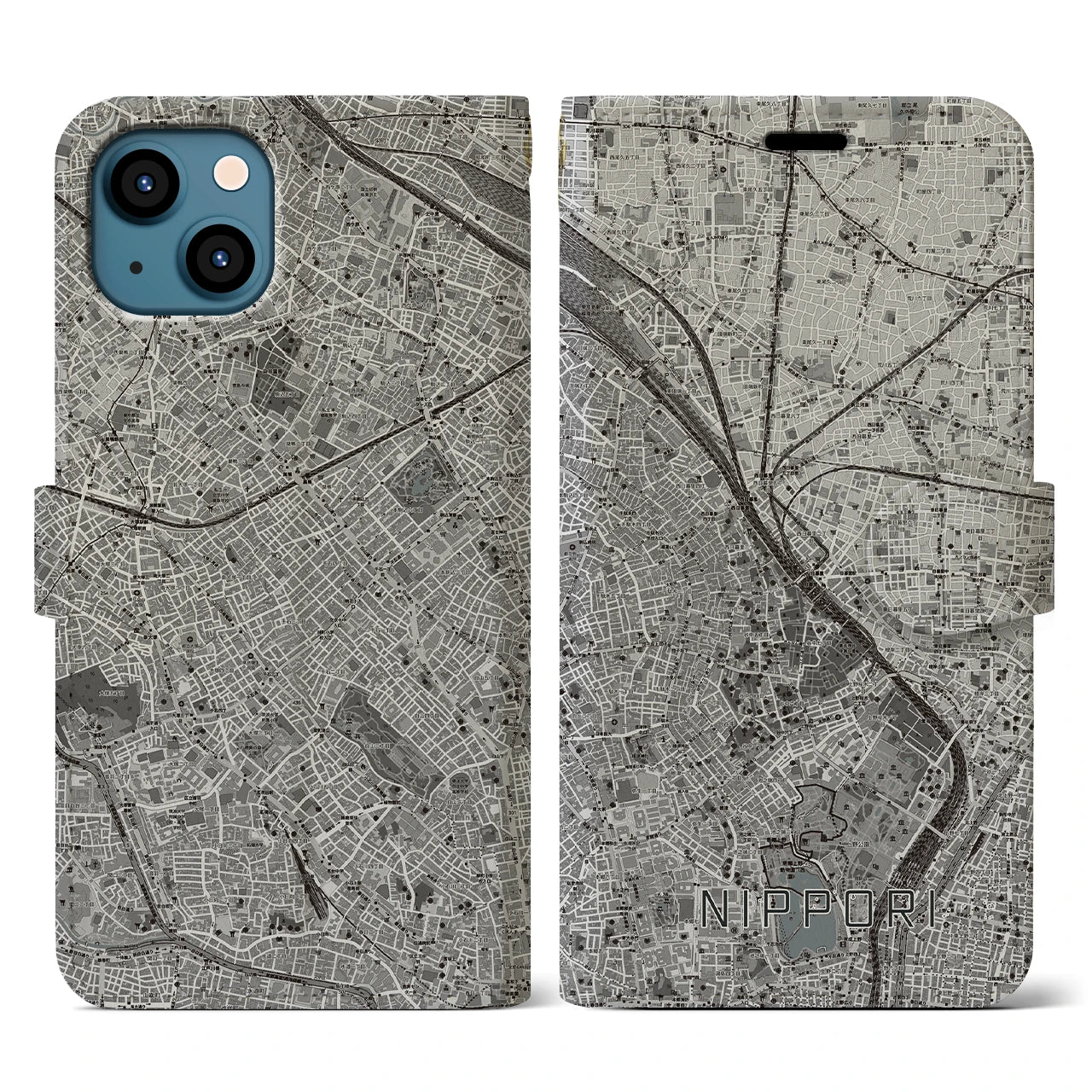 【日暮里(東京都)】地図柄iPhoneケース(手帳タイプ)モノトーン・iPhone 13 用