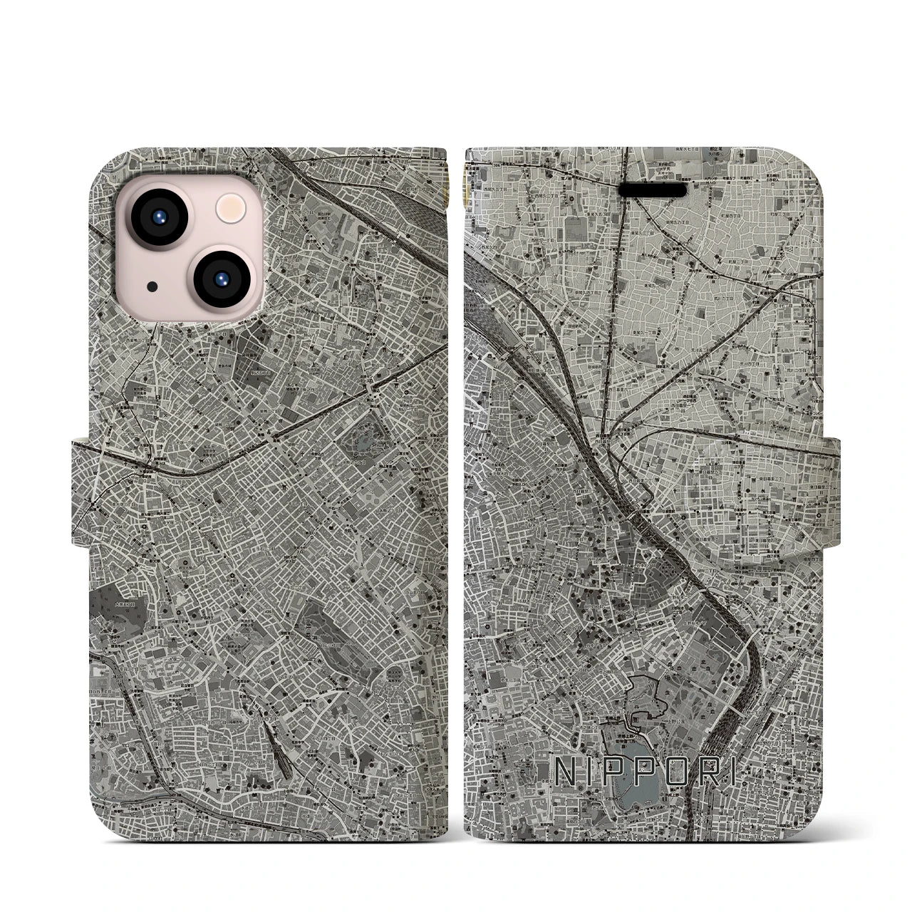 【日暮里(東京都)】地図柄iPhoneケース(手帳タイプ)モノトーン・iPhone 13 mini 用